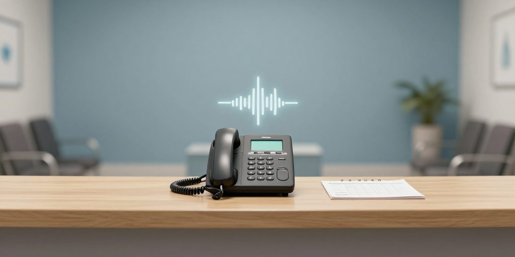 Ein Empfangstisch mit Telefonhörer, über dem ein angedeutetes Sprachwellen-Symbol schwebt, das einen KI-gestützten Anruf symbolisiert.