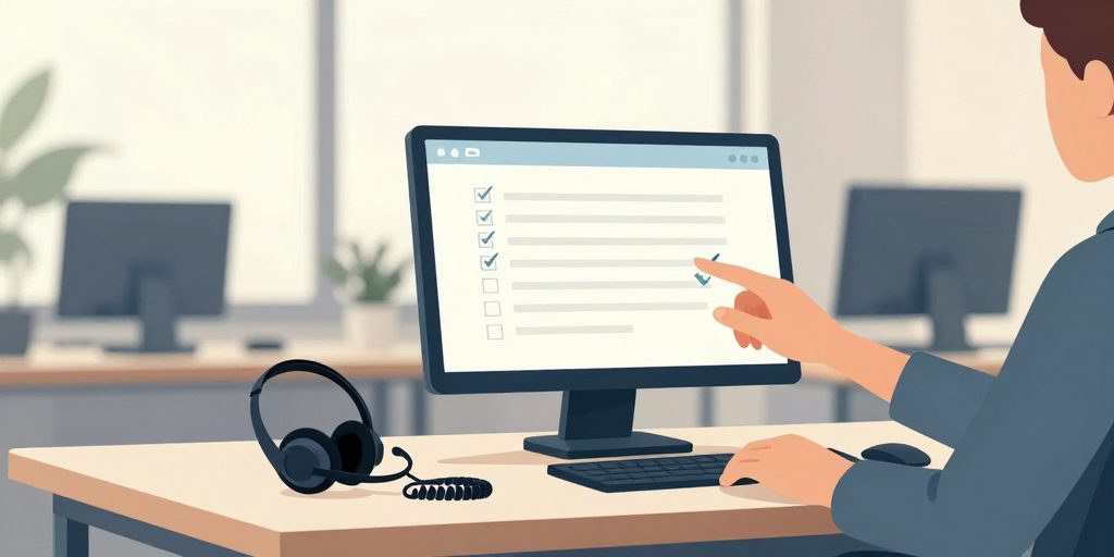 Illustration eines Telefonarbeitsplatzes mit Headset und einem Bildschirm, auf dem eine Aufgabenliste teils automatisch abgehakt ist, während eine Hand einen offenen Punkt prüft.