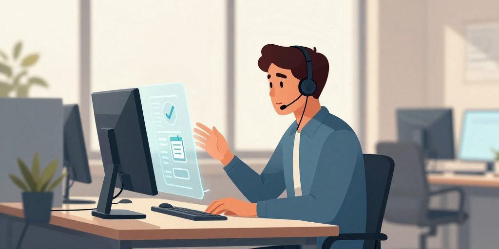 Eine Kundendienst-Mitarbeiterin mit Headset am Schreibtisch, während neben ihrem Bildschirm abstrakte Symbole für automatisch ausgeführte Aufgaben erscheinen.