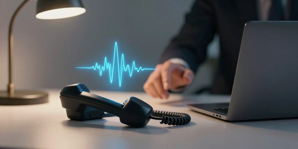 Ein Telefonhörer auf einem Schreibtisch, darüber schwebt eine stilisierte blaue Wellenform als Symbol für eine automatisierte Stimme, im Hintergrund greift eine Hand nach dem Hörer.