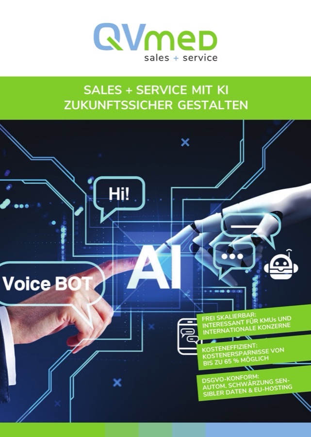 Titelseite der Broschüre: das QVmed-Logo, darunter der grüne Balken „Sales + Service mit KI zukunftssicher gestalten“ und eine Roboterhand, die auf das Wort AI zeigt.