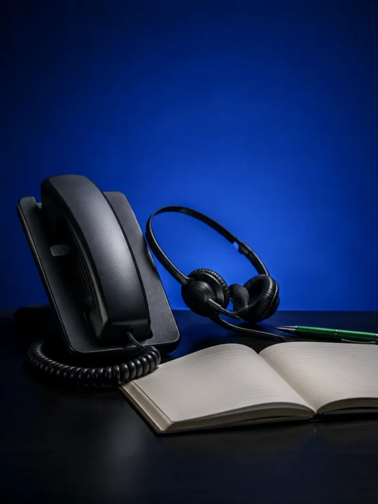 Konzeptionelles Stillleben: Telefon, Headset und offenes Terminbuch in blauem Abendlicht.
