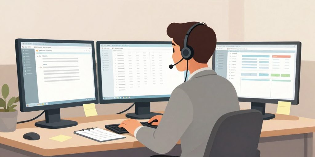 Eine Kundenservice-Mitarbeiterin mit Headset blickt konzentriert zwischen mehreren Bildschirmen mit unterschiedlichen Programmen hin und her.