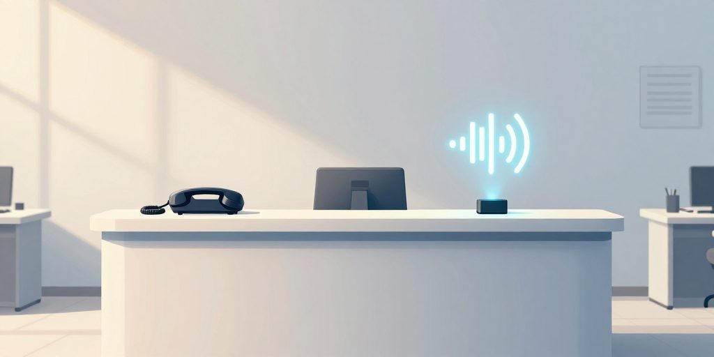 Illustration eines Empfangstisches mit einem klassischen Telefonhörer neben einem leuchtenden Symbol für einen Sprachassistenten, das die Übergabe zwischen Mensch und KI am Telefon zeigt.
