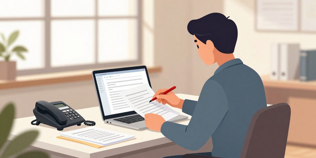 Eine Assistenzkraft prüft am Schreibtisch einen KI-generierten Textentwurf auf dem Bildschirm und markiert Korrekturen auf einem Ausdruck.