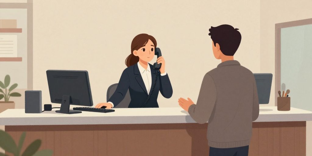 Eine Person am Empfangstresen bedient gleichzeitig einen Kunden vor Ort und ein klingelndes Telefon.