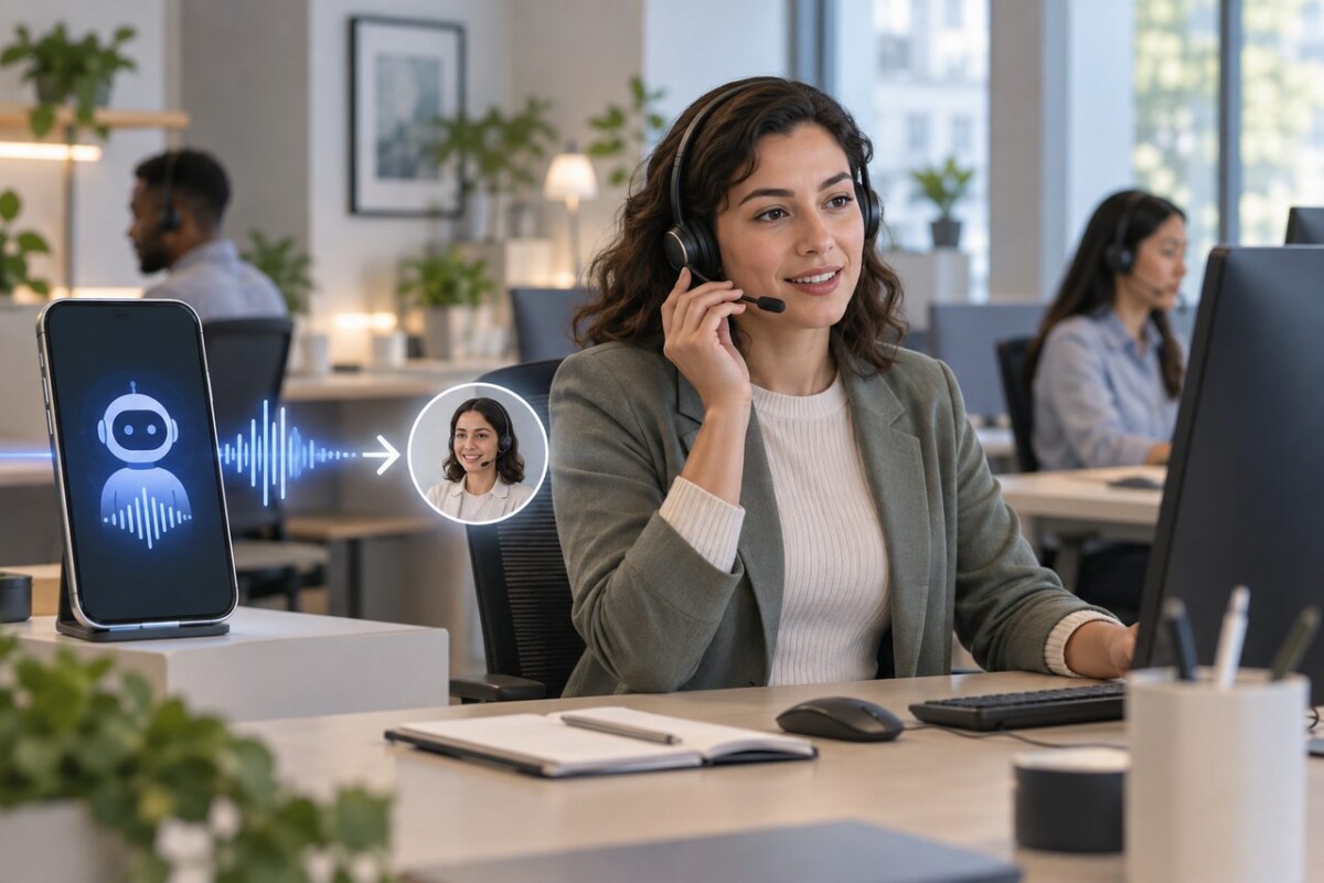 Eine Mitarbeiterin mit Headset übernimmt an einem Arbeitsplatz sichtbar ein Telefongespräch neben einem Smartphone und einer abstrakten Sprachwellen-Anzeige.