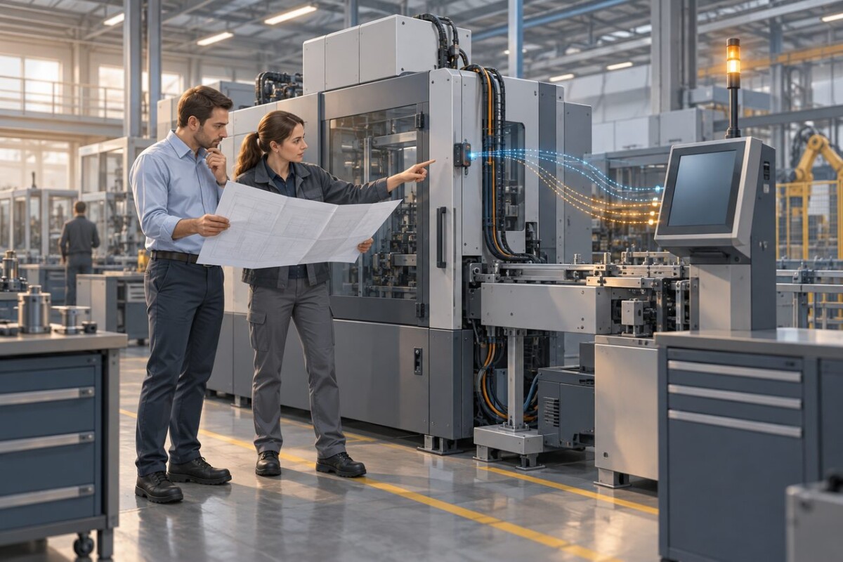 Zwei Ingenieure prüfen neben einer Produktionsmaschine einen technischen Plan und einen daran angebrachten Sensor.