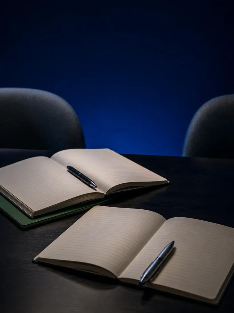 Konzeptionelles Stillleben: zwei aufgeschlagene Notizbücher für ein Trainingsgespräch in blauem Abendlicht.