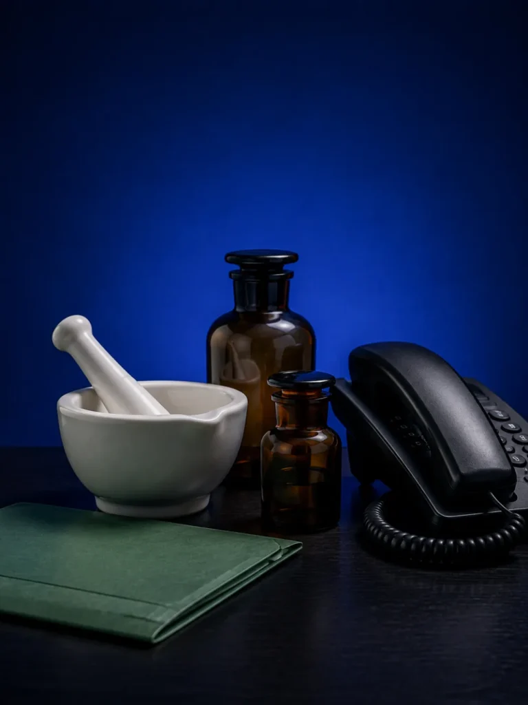 Konzeptionelles Stillleben: Apothekenmörser, braune Glasflaschen und Telefon in blauem Abendlicht.