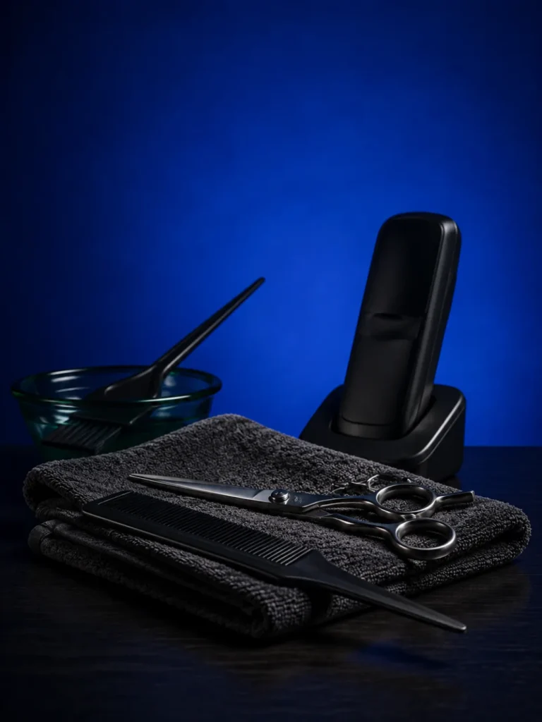 Konzeptionelles Stillleben: Friseurschere, Kamm, Farbschale und Telefon in blauem Abendlicht.