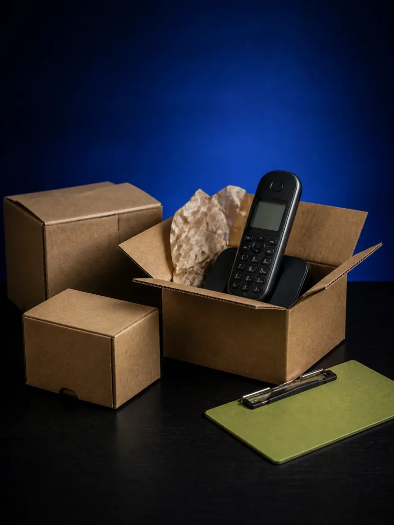 Konzeptionelles Stillleben: Versandkartons, Klemmbrett und Telefon in blauem Abendlicht.