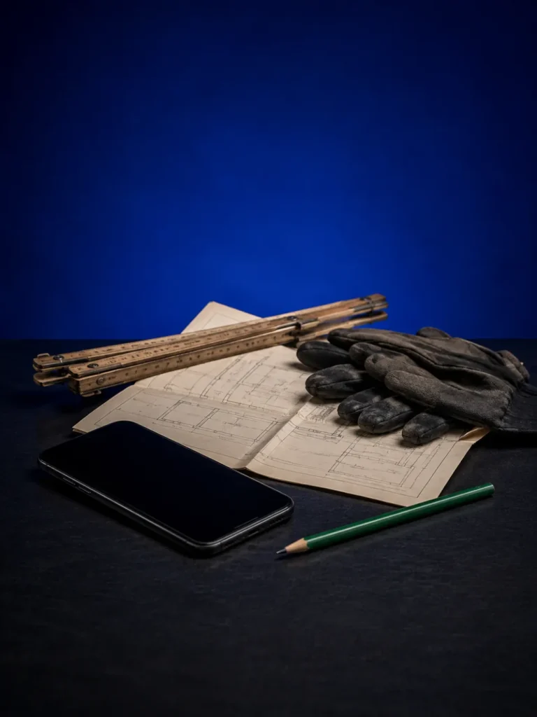 Konzeptionelles Stillleben: Bauplan, Zollstock, Arbeitshandschuhe und Mobiltelefon in blauem Abendlicht.