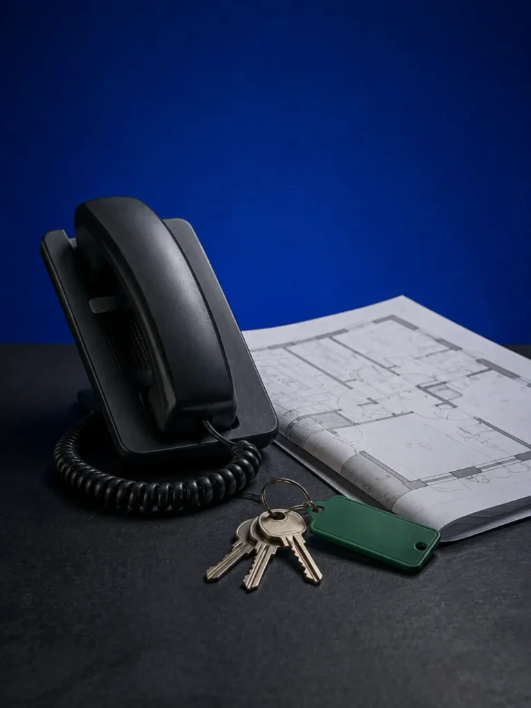 Konzeptionelles Stillleben: Hausschlüssel, Grundriss und Telefon in blauem Abendlicht.