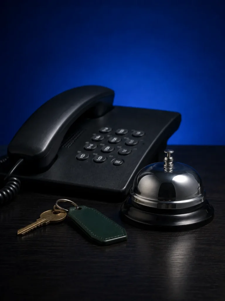 Konzeptionelles Stillleben: Rezeptionsglocke, Zimmerschlüssel und Telefon in blauem Abendlicht.