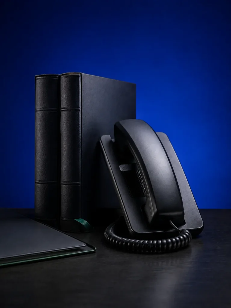 Konzeptionelles Stillleben: Aktenmappe, gebundene Bücher und Telefon in blauem Abendlicht.