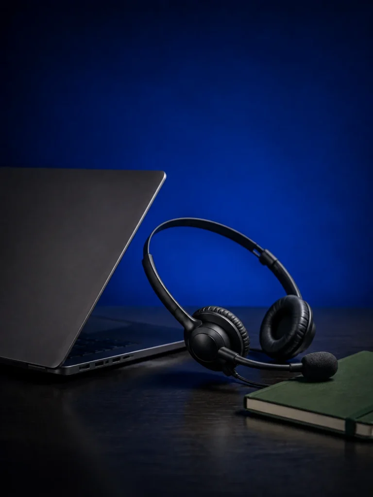 Konzeptionelles Stillleben: Headset, Laptop und grünes Notizbuch in blauem Abendlicht.