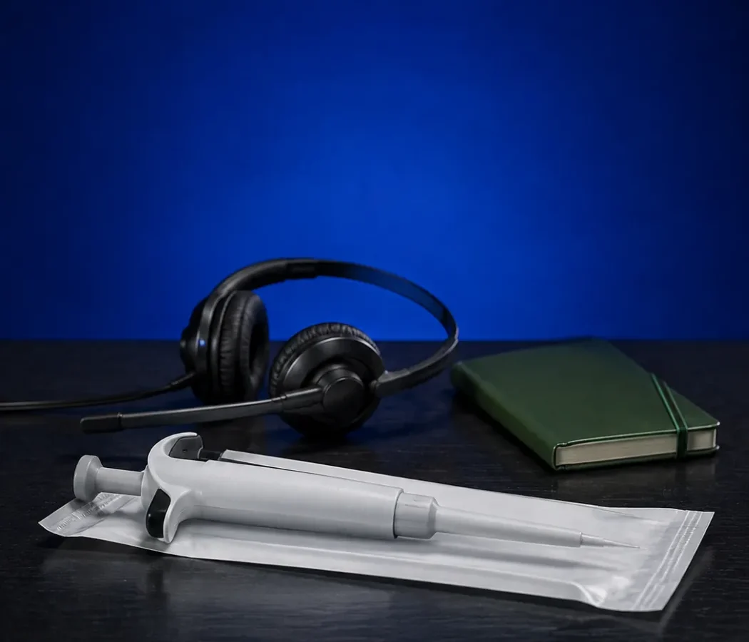 Konzeptionelles Stillleben: Laborpipette, verpacktes Instrument und Headset in blauem Abendlicht.