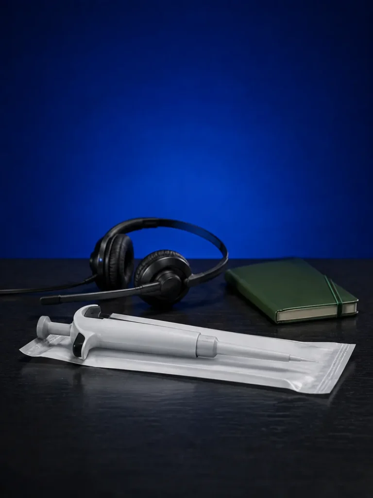 Konzeptionelles Stillleben: Laborpipette, verpacktes Instrument und Headset in blauem Abendlicht.