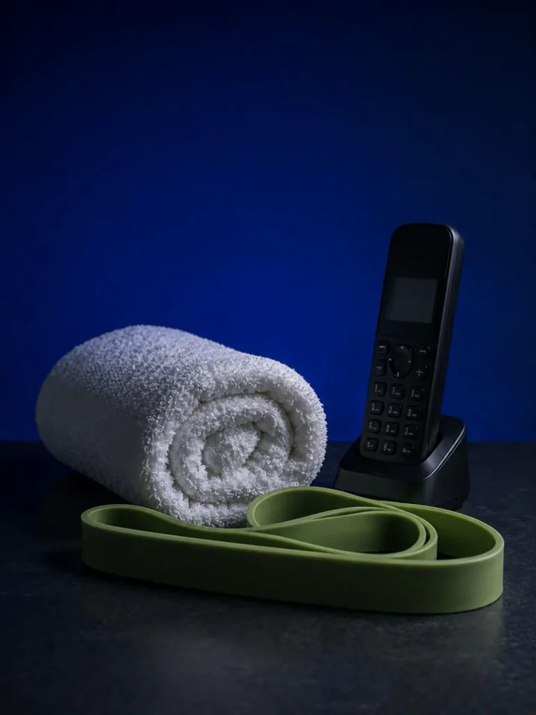 Konzeptionelles Stillleben: Behandlungshandtuch, Übungsband und Telefon in blauem Abendlicht.