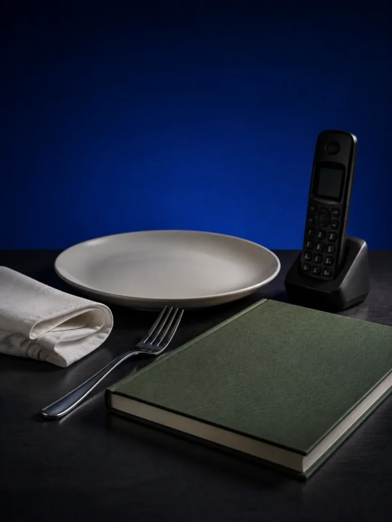 Konzeptionelles Stillleben: Tischgedeck, Reservierungsbuch und Telefon in blauem Abendlicht.