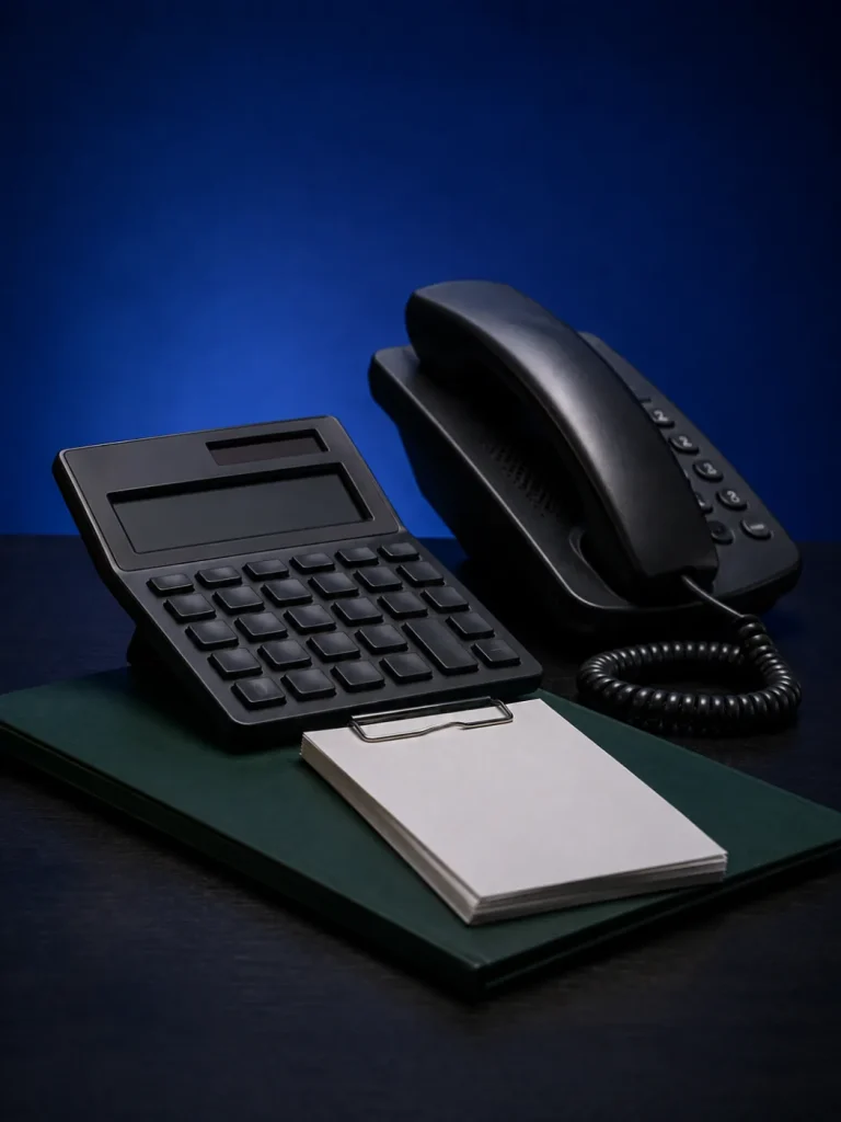 Konzeptionelles Stillleben: Tischrechner, Belegstapel und Telefon in blauem Abendlicht.