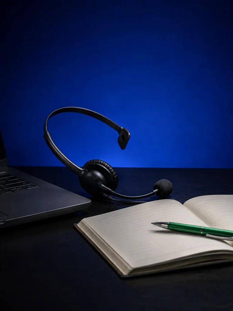 Konzeptionelles Stillleben: Headset, Gesprächsnotizen und Laptop-Tastatur in blauem Abendlicht.