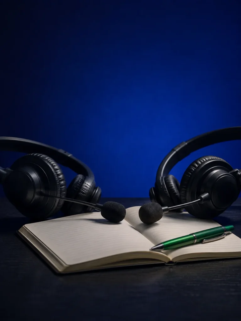 Konzeptionelles Stillleben: zwei gegenüberliegende Headsets und ein offenes Notizbuch für ein Übungsgespräch.