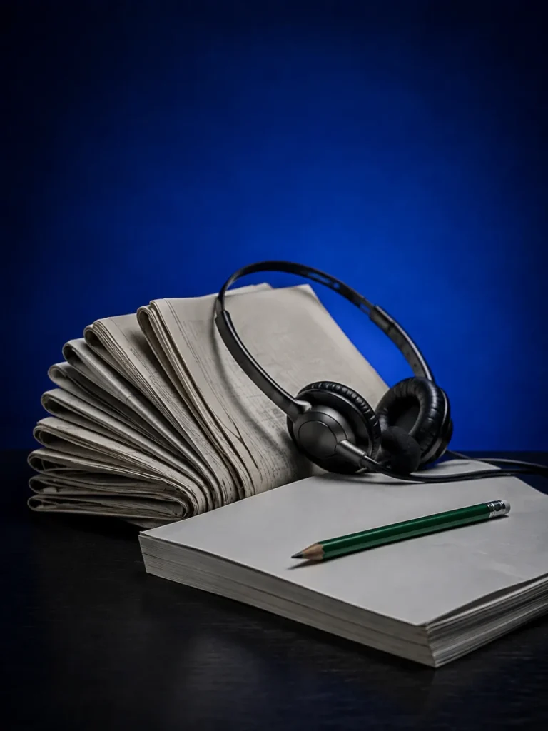 Konzeptionelles Stillleben: Zeitungsbogen, Magazin-Dummy und Headset in blauem Abendlicht.