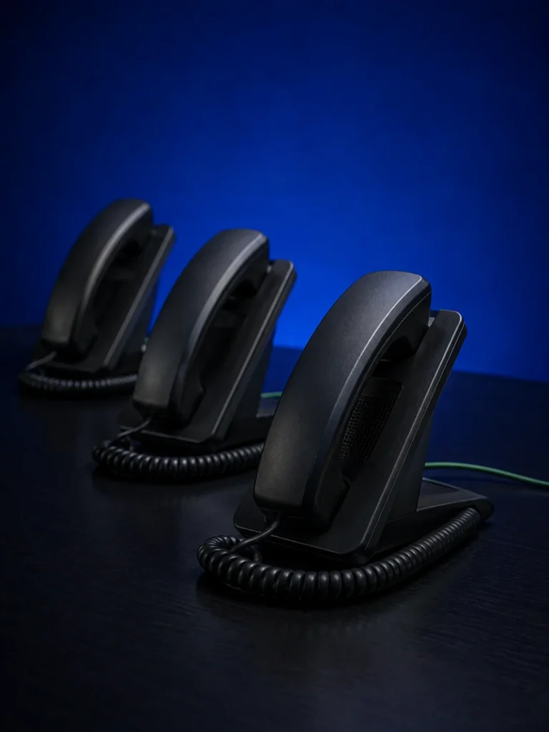 Konzeptionelles Stillleben: drei Telefone als Sinnbild für gleichzeitige Gespräche in blauem Abendlicht.