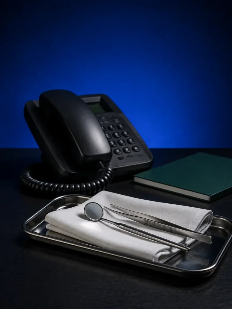 Konzeptionelles Stillleben: Zahnspiegel, Instrumentenablage und Telefon in blauem Abendlicht.