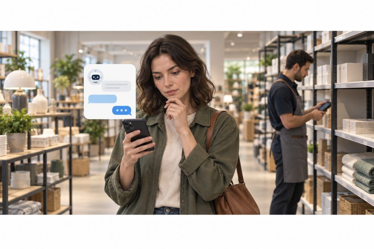 Eine Kundin betrachtet einen Chat auf dem Smartphone, während eine Mitarbeiterin im Laden den Warenbestand prüft.