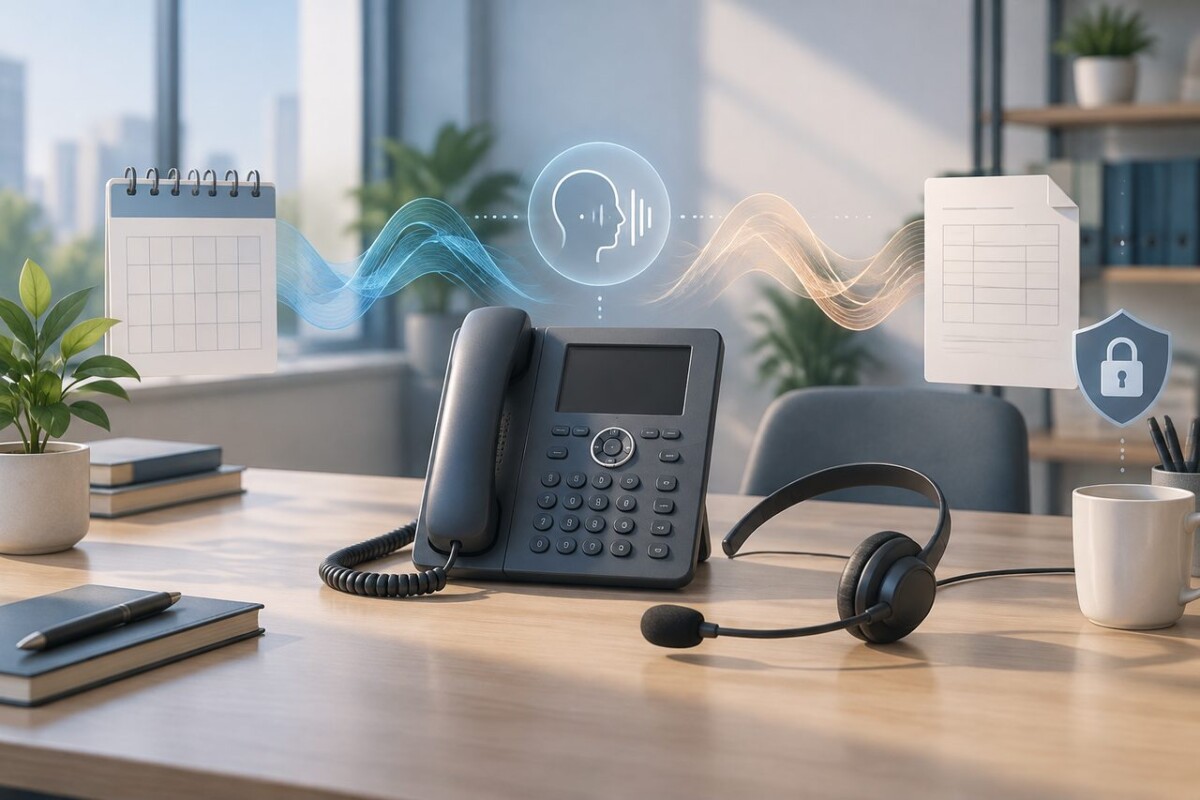 Ein Tischtelefon ist durch abstrakte Schallwellen mit einem leeren Kalenderblatt und einer unbeschrifteten Rechnung verbunden.